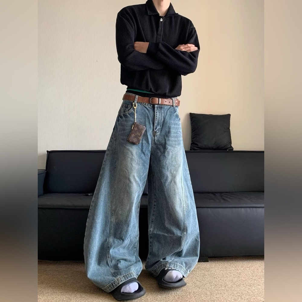 Men's Baggy Hip‎ Hop Jeans Wide Leg Skater Denim Pants Loose Fit Streetwear 32